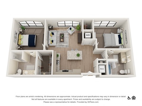Floor plan for 2 beds, 2 baths, 1078 sqft